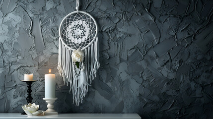 Gray dream catcher and white bedside table in bedroom interior on dark gray textured background. Bedroom decor - obrazy, fototapety, plakaty