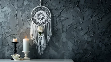 Cercles muraux Style bohème Gray dream catcher and white bedside table in bedroom interior on dark gray textured background. Bedroom decor