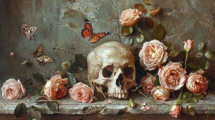 Vanitas still life with skull, pink roses, and fluttering butterflies