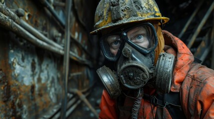 A miner equipped with a respirator and protective helmet is ready to face the challenging conditions of an underground mine.