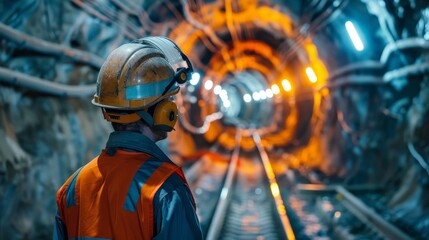 A construction worker in reflective gear carefully surveys the development of railway tunnel construction, illuminated by work lights.