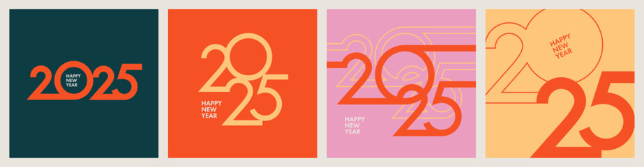 Creative concept of 2025 Happy New Year posters set. Design templates with typography logo 2025 for celebration and season decoration. Minimalistic trendy backgrounds for branding, banner, cover, card