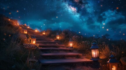 A mystical wooden stairway illuminated by lanterns winds through a lush forest under a starry night sky.