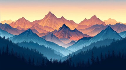 Digital artwork depicting a tranquil mountain range bathed in the warm glow of sunset, with layers of pine forests in the foreground. - obrazy, fototapety, plakaty