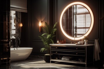 a bathroom with a round mirror and a tub - obrazy, fototapety, plakaty