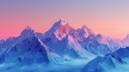 Majestic snowy mountain range under a vibrant pink and blue sunset sky, exuding serenity and natural beauty.