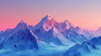 Fotobehang Majestic snowy mountain range under a vibrant pink and blue sunset sky, exuding serenity and natural beauty. © Sodapeaw