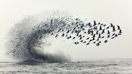 Fototapeta premium A dramatic burst of birds takes flight from a churning ocean wave, creating a dynamic interplay between sea and wildlife.