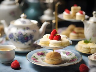 tea set with raspberry cake and teapot, selective focus
