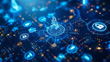 Show a digital ecosystem being infused with icons of locks and legal gavels, representing the integration of cybersecurity regulations into business operations