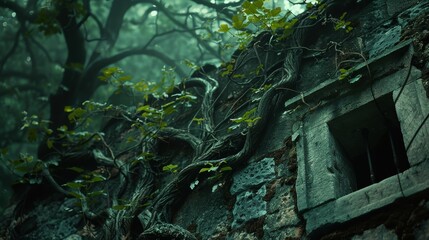 Mysterious overgrown ivy engulfs ancient stone ruins, shrouded in a misty, enchanted forest atmosphere. - obrazy, fototapety, plakaty