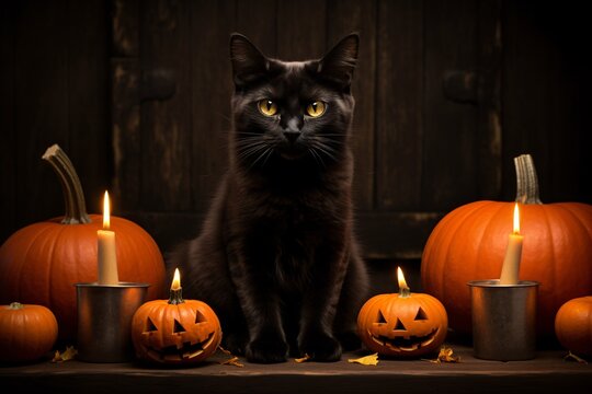 a black cat sitting next to pumpkins and candles