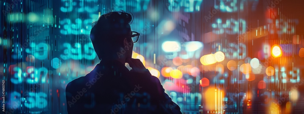 Poster silhouette of a business leader contemplating a cybersecurity metrics dashboard, reflecting decision
