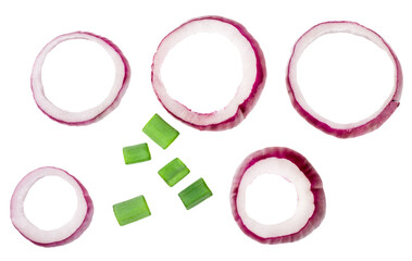 Leek vegetable and sliced red onion isolated on a white background. Top view.