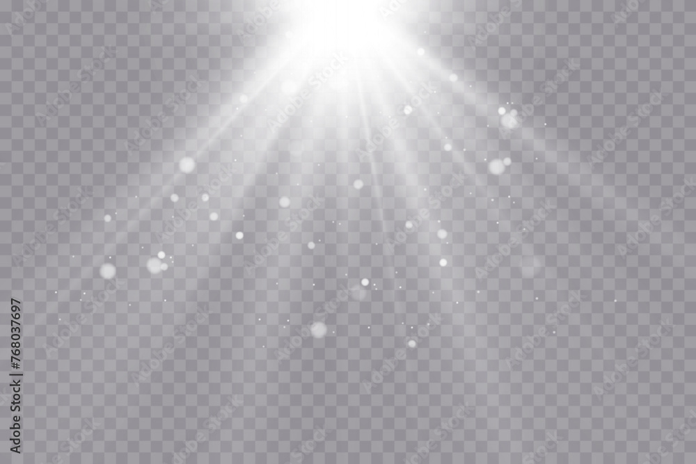 Poster bright white lighting with spotlights, projector light effects with spot light isolated on transpare