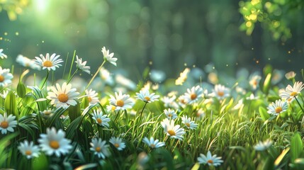 Beautiful spring landscape with meadow flowers and daisies in the grass.