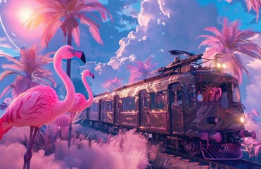 Flamingo Fantasy with Vintage Train, Surrealistic scene of a vintage train amidst pink flamingos under a dreamy pink sky, evoking a whimsical journey