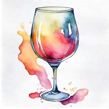 Watercolor illustration of glass of wine on white background. Tasty beverage. Delicious drink. Hand drawn