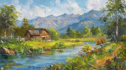 Beautiful rural summer landscape with old wooden houses near the river. Beautiful flowers and trees with mountains