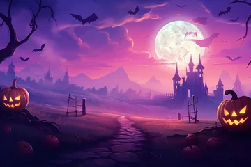 Wandaufkleber a purple and purple landscape with a castle and bats © Serghei11