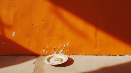 A dramatic play of light and shadow on an orange wall with a bowl overturned, scattering its contents on the ground