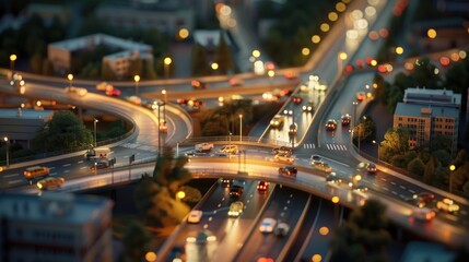 Twilight Cityscape and Traffic Lanes, Miniature-style photography of a bustling city expressway at...