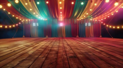 Enchanting Circus Stage Awaiting Performers, vibrant circus stage set under a canopy of lights, evoking anticipation for a magical performance on the warm, wooden floor