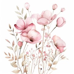 Dreamy clipart of pink flowers and soft foliage in watercolor style, creating a serene scene on a white canvas for design enthusiasts