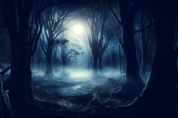 Mysterious night forest illuminated by moonlight