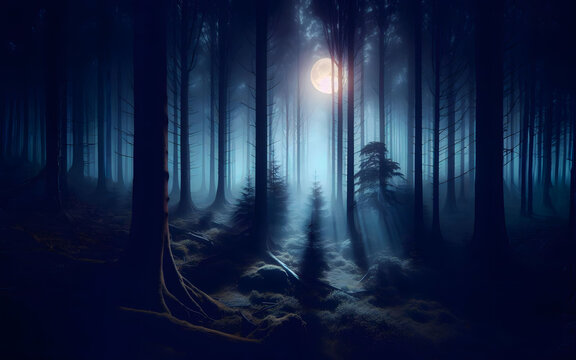 Mysterious night forest illuminated by moonlight