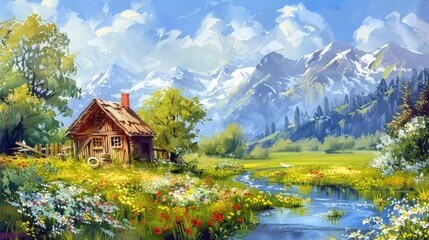 Fototapeta na wymiar Beautiful rural summer landscape with old wooden houses near the river. Beautiful flowers and trees with mountains