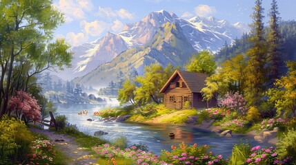 Beautiful rural summer landscape with old wooden houses near the river. Beautiful flowers and trees...