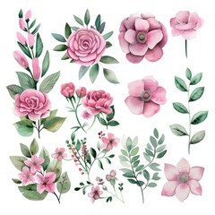 Harmonious set of watercolor pink flowers and foliage, presenting a variety of textures on a white background for unique designs
