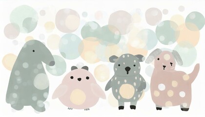 Obraz premium Clipart with cute funny animals on a pastel background with bokeh and copyspace.