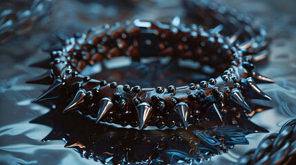Leather bracelet with pikes on mirrorlike background, generative ai