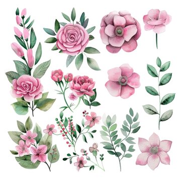 Harmonious set of watercolor pink flowers and foliage, presenting a variety of textures on a white background for unique designs