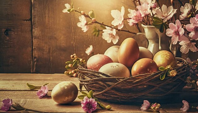 Traditional Easter symbols. Colorful easter eggs in a wicker basket, springtime flowers in a vase.