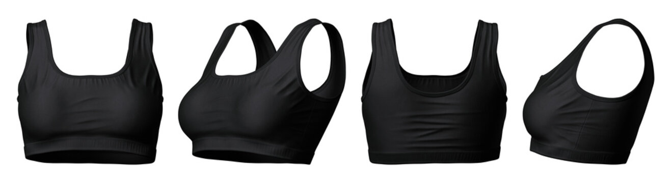 black sports bra mockup front, side, back view