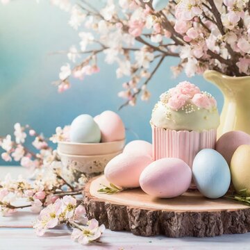 Traditional Easter symbols. Colorful easter eggs, pink springtime flowers, pascha cake. Pastel colours,