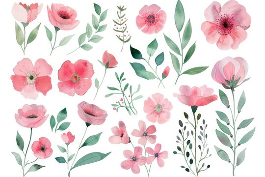 Lively clipart collection of pink florals and foliage in watercolor, ideal for adding a touch of nature to digital designs on a white backdrop