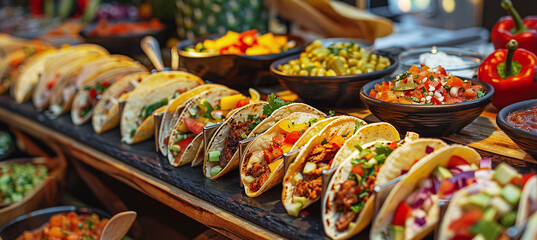 Wide selection of Mexican food on the buffet including tacos and vegetables.