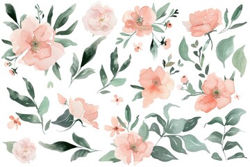 Soft hues of pink in watercolor florals paired with green leaves, meticulously isolated on white for digital artistry and crafting