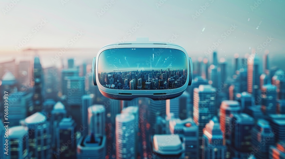 Poster virtual reality goggles hover in focus with a captivating cityscape projection, showcasing the blend