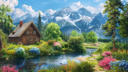 Fototapeta premium Beautiful rural summer landscape with old wooden houses near the river. Beautiful flowers and trees with mountains