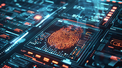 a computer database storing encrypted fingerprint records for identification purposes, emphasizing the importance of protecting personal data and maintaining privacy in digital systems. - obrazy, fototapety, plakaty