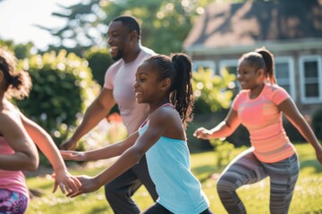African American family having a fun workout session in their backyard. Family enjoying a game outdoors in the sunlight