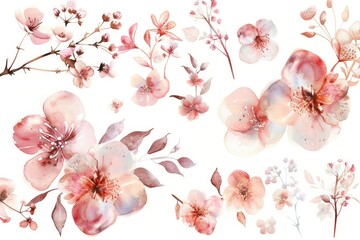Whimsical watercolor illustrations of pink blossoms with foliage, arranged delicately on a white background for creative design work