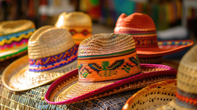 Traditional Mexican sombreros sold on the market