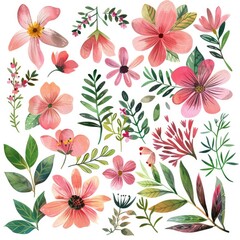 Captivating watercolor clipart featuring a variety of pink flowers and lush foliage, set on a white backdrop perfect for creative projects