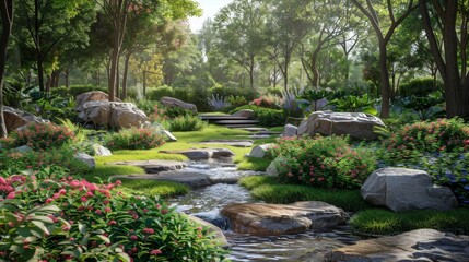 Obraz premium A tranquil garden oasis showcasing a gentle stream meandering through vibrant flowers and verdant foliage, under the soft light of morning.